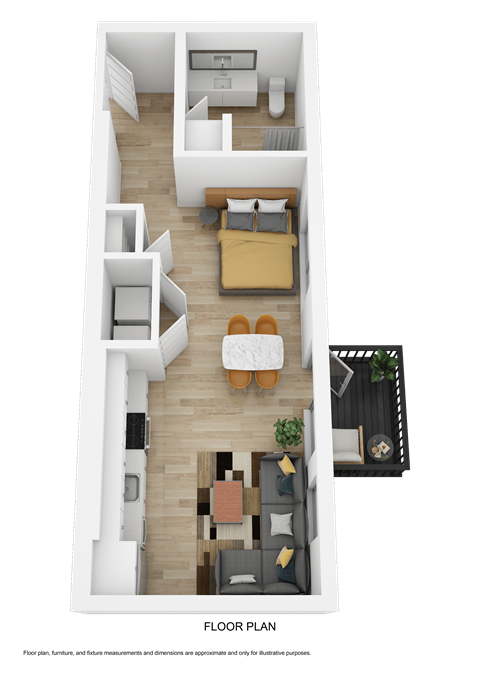 a 3d rendering of the upstairs floor plan of a 1 bedroom apartment